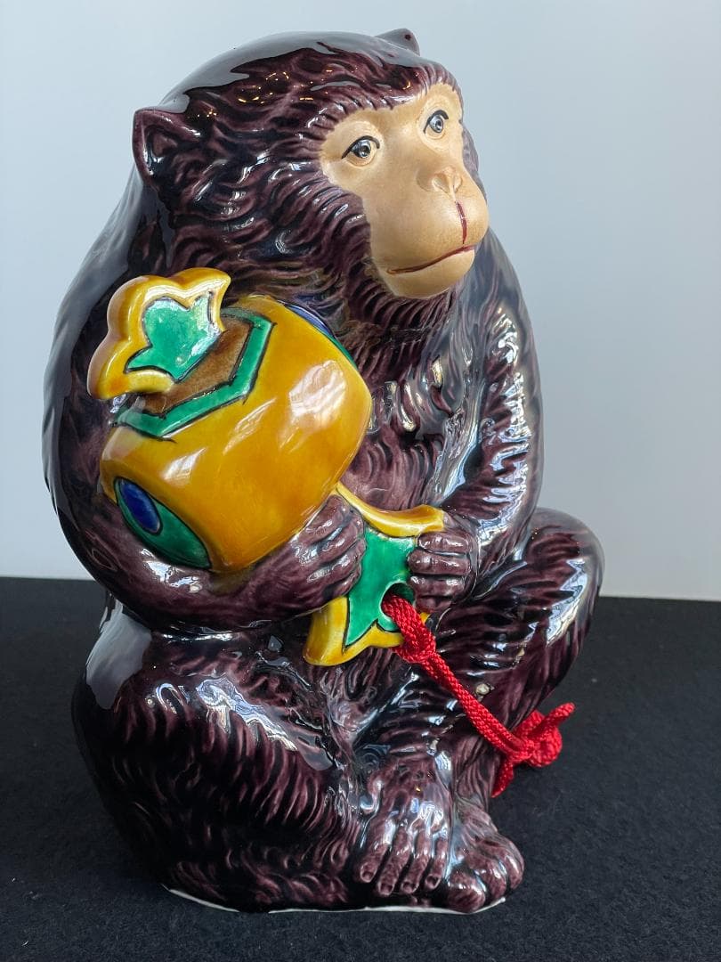 希少 九谷焼 糠川清章 作 縁起物 申 さる 猿 置物 干支 オブジェ 元箱入