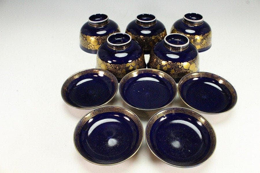 中国美術 瑠璃釉 金彩 纏枝蓮花紋 蓋碗 五件 旧家蔵出