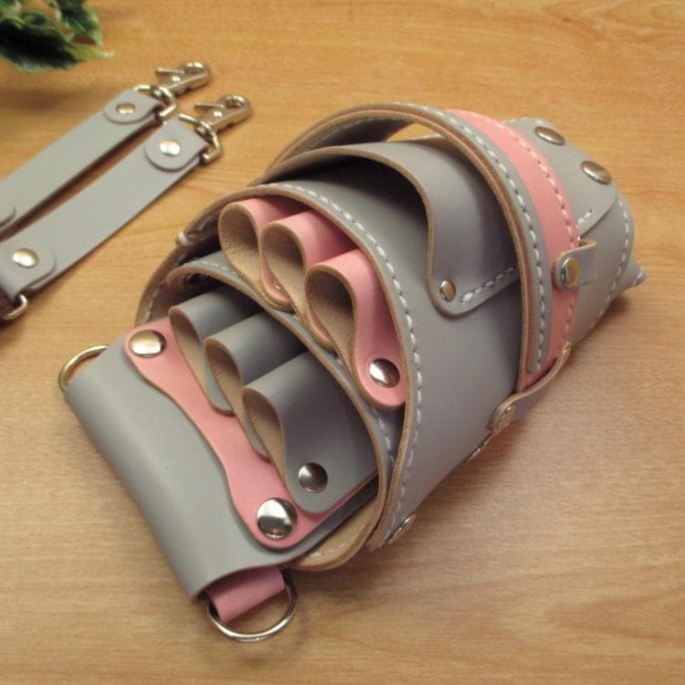 【特別価格】ライトグレー＆ピンク　６丁　本革シザーケース　SCA-100/CHA