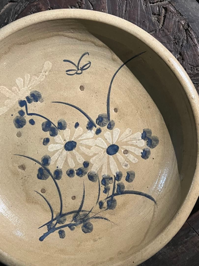 瀬戸菊繪石皿 ／ 江戸時代　共箱付 呉須大皿 径370mm 古瀬戸 民藝