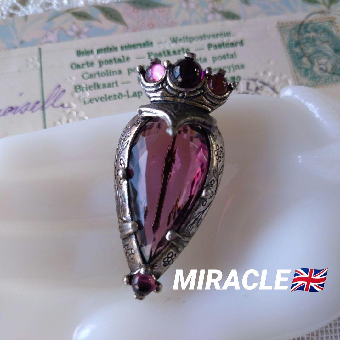 イギリス製ヴィンテージ　MIRACLE　パープルガラス　ハート　王冠　ブローチ