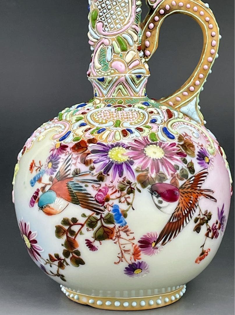 【希少】オールドニッポン 雀図花紋 一陳盛り エナメル 花瓶 ピッチャー 水差し