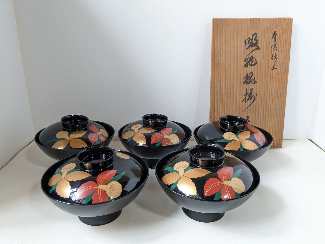 【未使用】本漆仕上げ　時代椀　会津塗　黒　芙蓉　吸物椀　三越　伝統漆器　5客