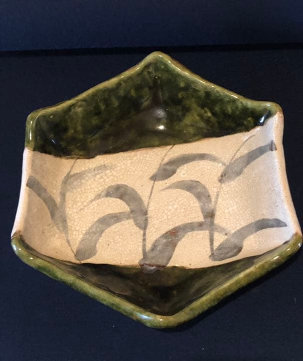 霞仙窯　織部　瀬戸赤津焼　六角大鉢　盛り鉢　貫入