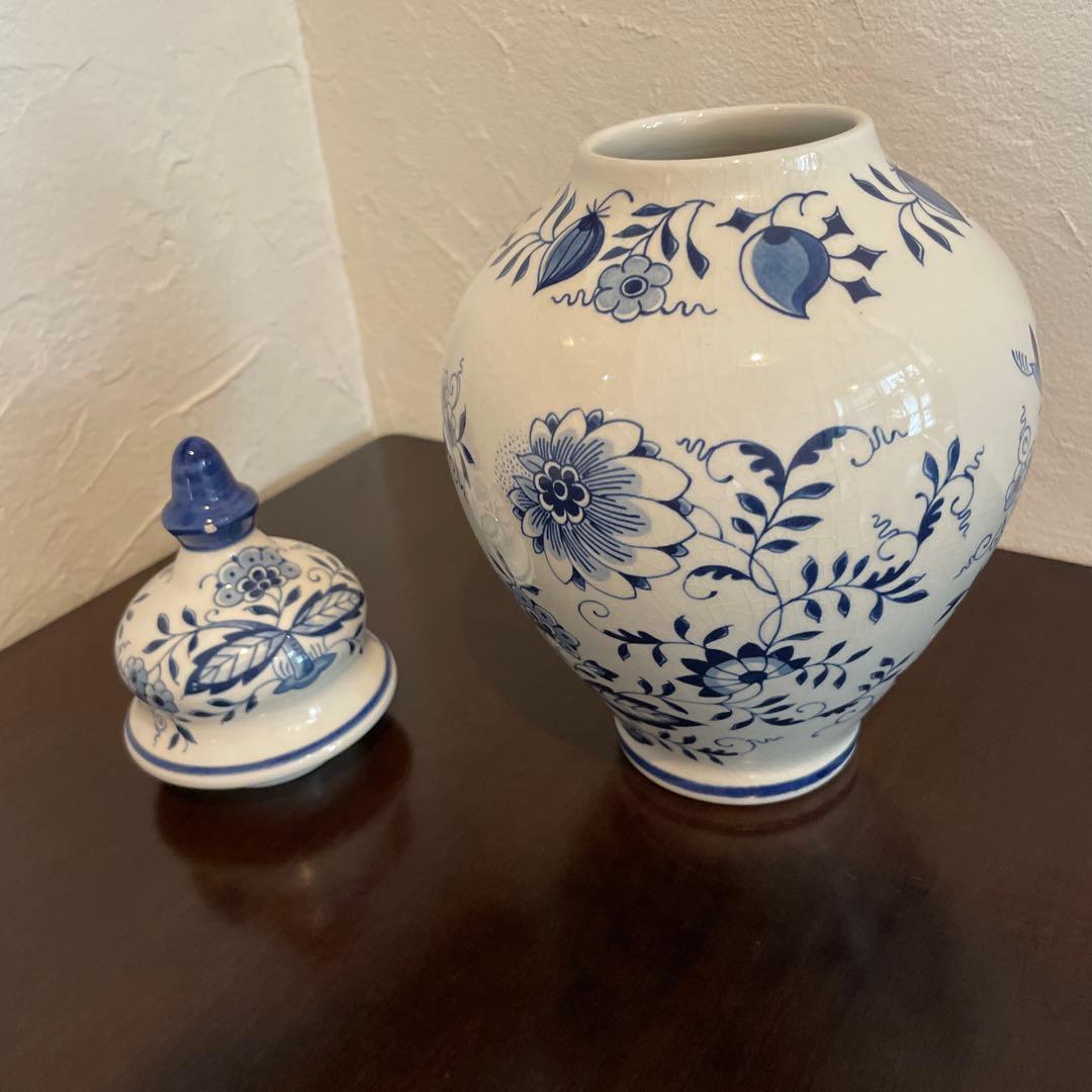 青と白の花柄 蓋付き壺　オランダ　デルフト焼き　アンティーク雑貨