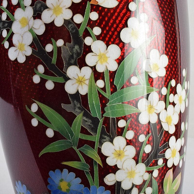 七宝焼　赤透釉　四君子文　花瓶　共箱　M　R9450