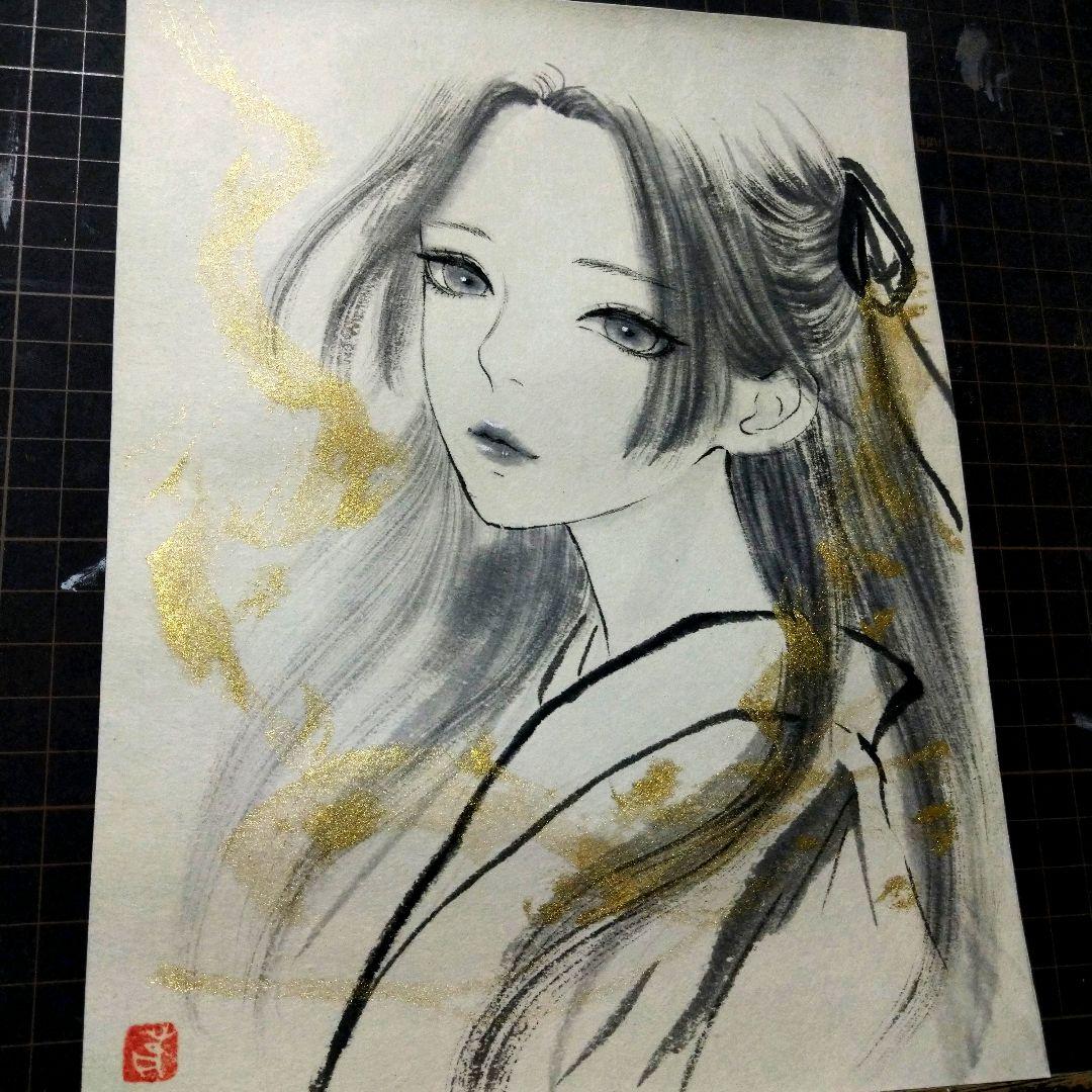 肉筆原画　ドローイング　水墨画　墨絵　美人画　絵画　和装