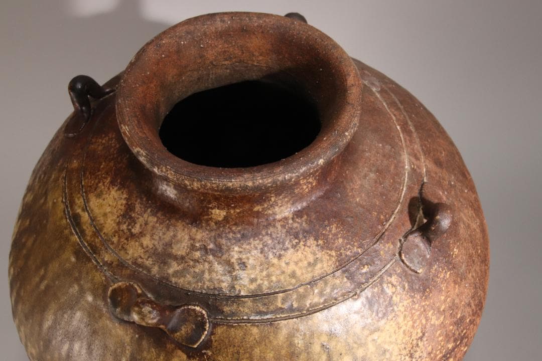 江戸初期　古越前　四耳壷　四耳子　壺　高さ38.5㎝　花器 花瓶　BE793