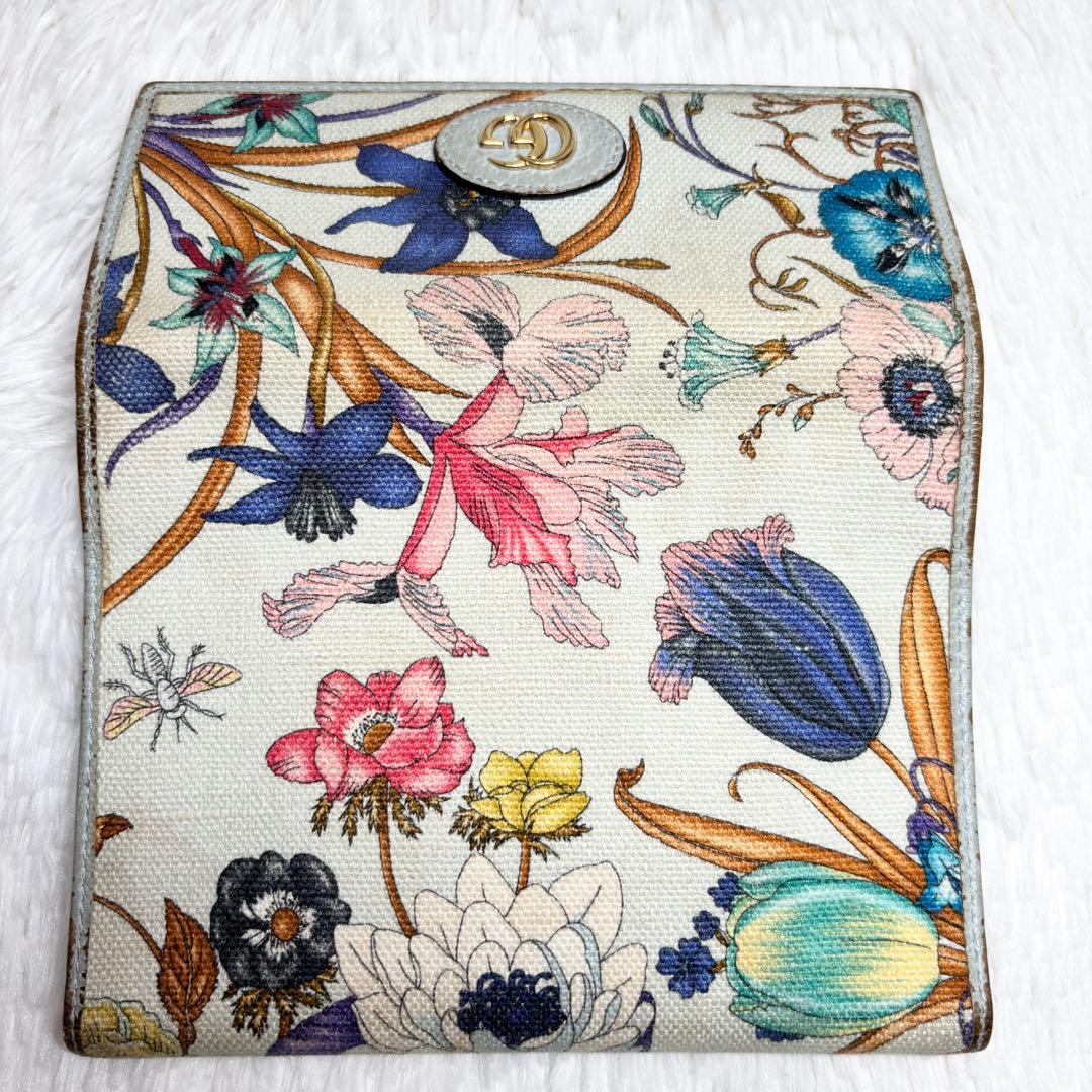✨付属品完備✨ グッチ マーモント フローラ 二つ折り財布 花 ポーチ ブルー