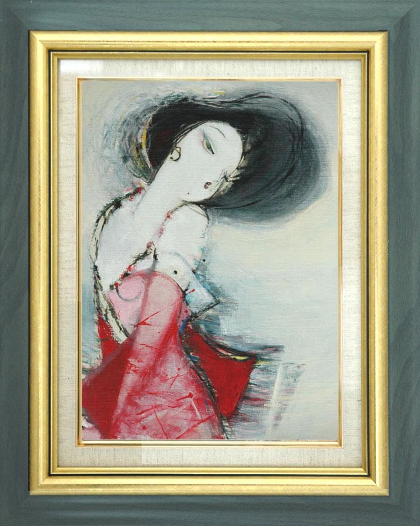 油絵 菅家令子 絵 絵画インテリア額付(青緑＋金色の枠) F6-082711女性