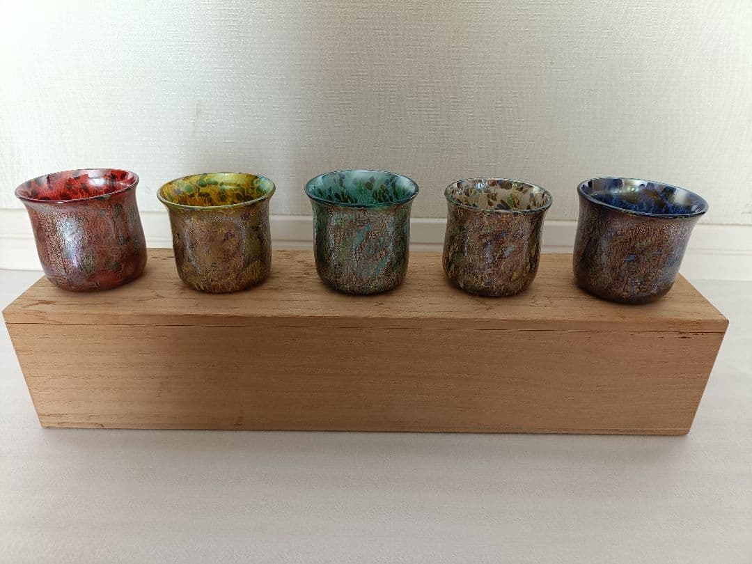 銀彩変ガラス　ぐい呑み5個セット　江副行昭作品
