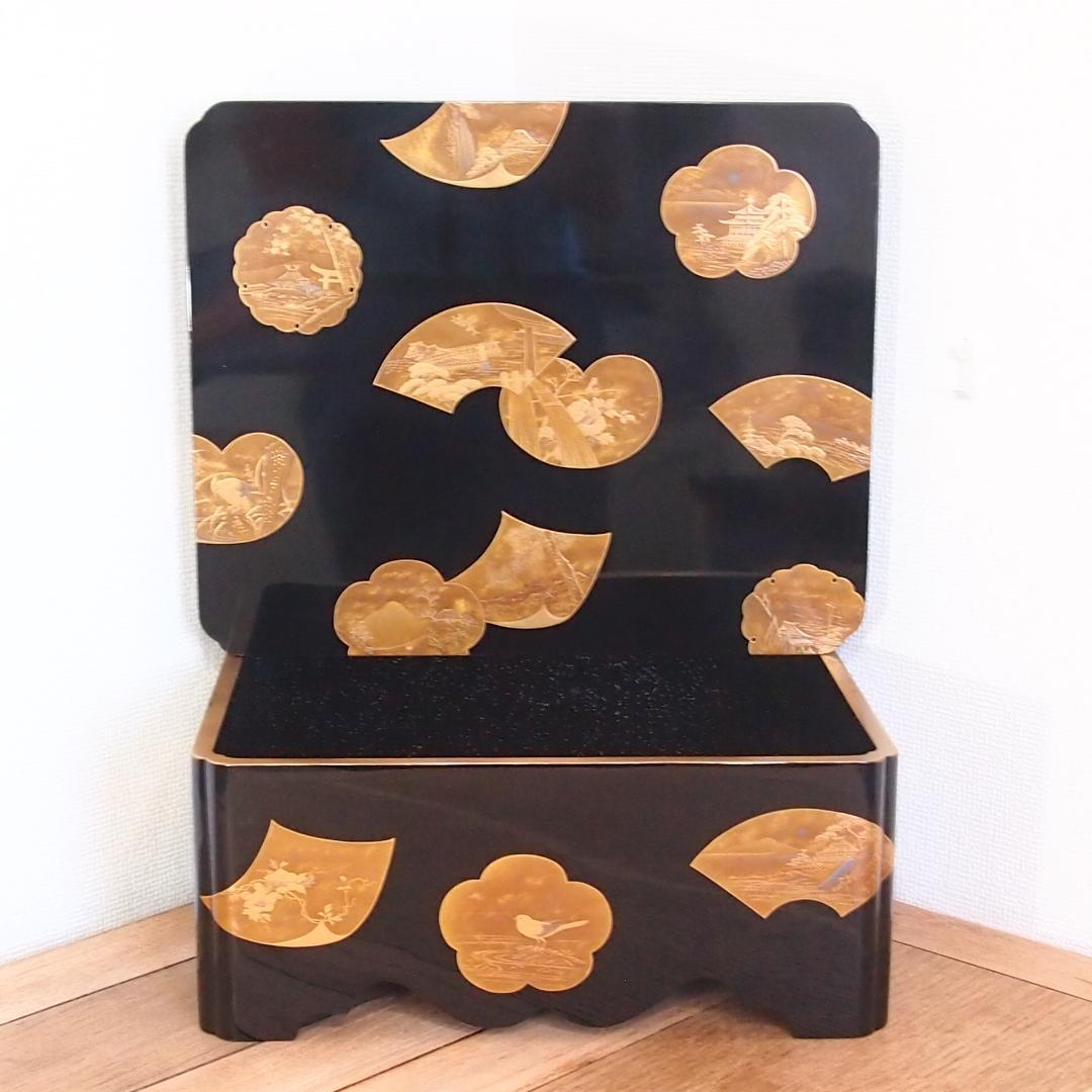 【骨董・時代の美品】大名道具 宝箱 山水蒔絵 箱物/蓋物/菓子器/容器 金縁隅切