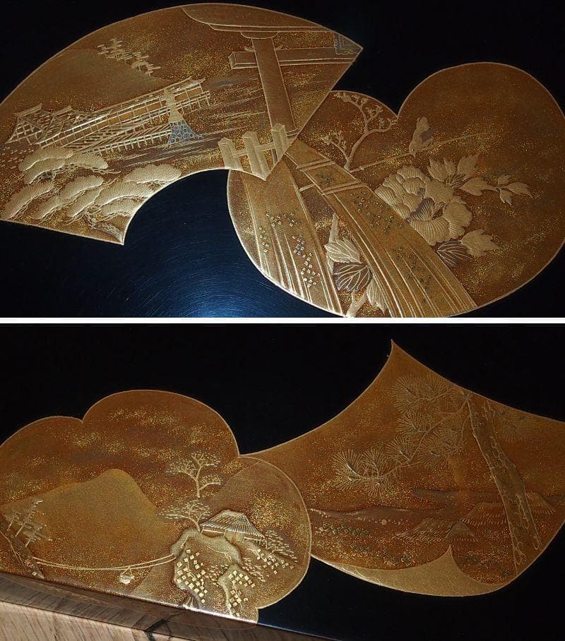 【骨董・時代の美品】大名道具 宝箱 山水蒔絵 箱物/蓋物/菓子器/容器 金縁隅切