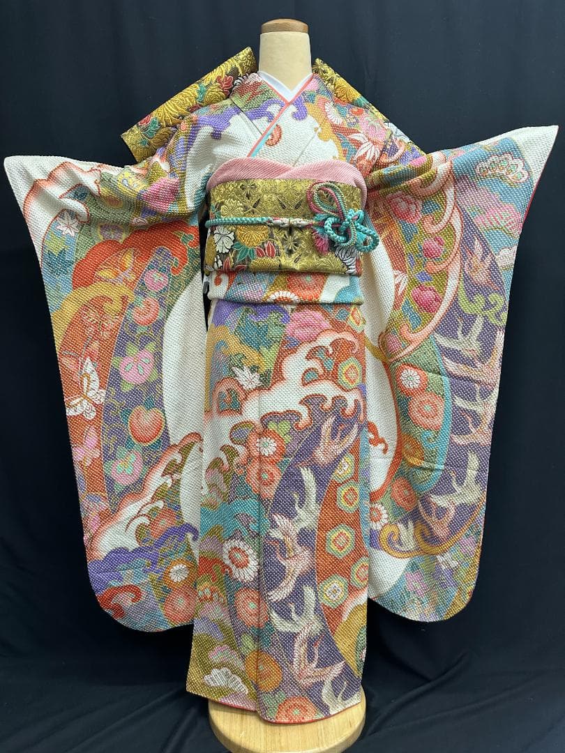 藤娘きぬたや 総絞り 白地 波鶴橘 小紋バック振袖 長襦袢2点セット