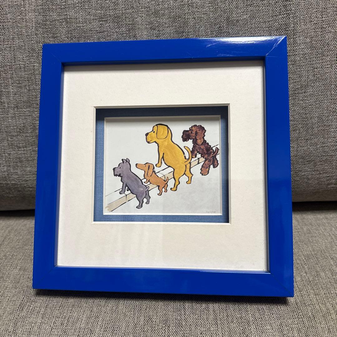 犬のイラスト付き青いフレームアート
