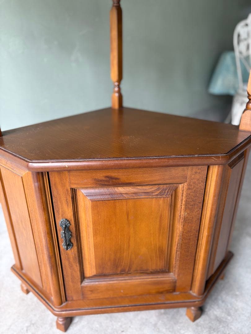 木製コーナーテーブル ブラウン 扉付き