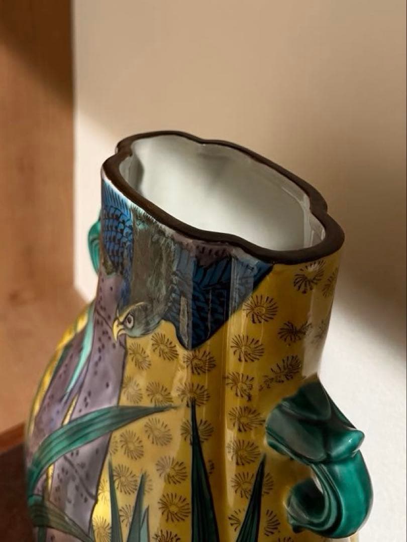 九谷焼 志保 双耳花瓶 共箱付 竹 鳥 花瓶 壺 花入