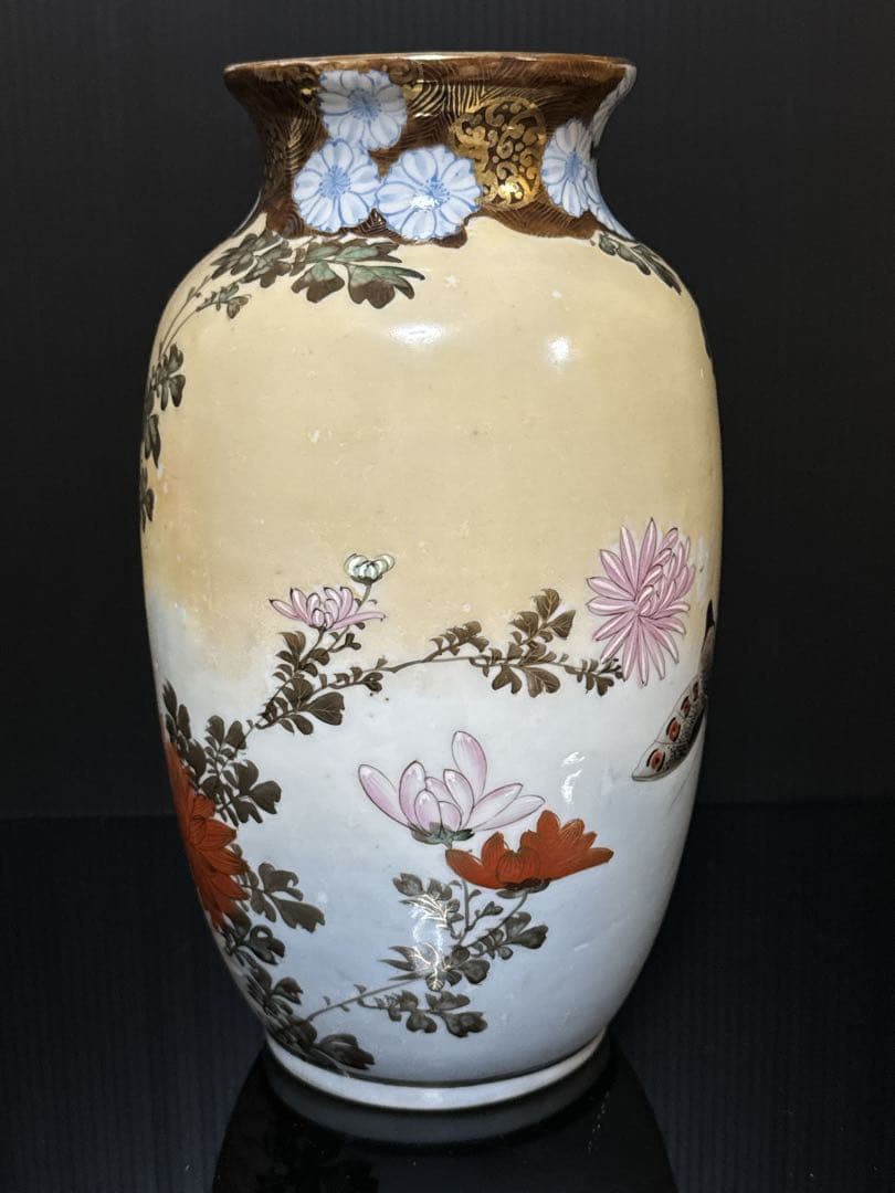 超絶技巧 明治期 極上 金蘭彩色 花蝶図 花瓶 花生 壷