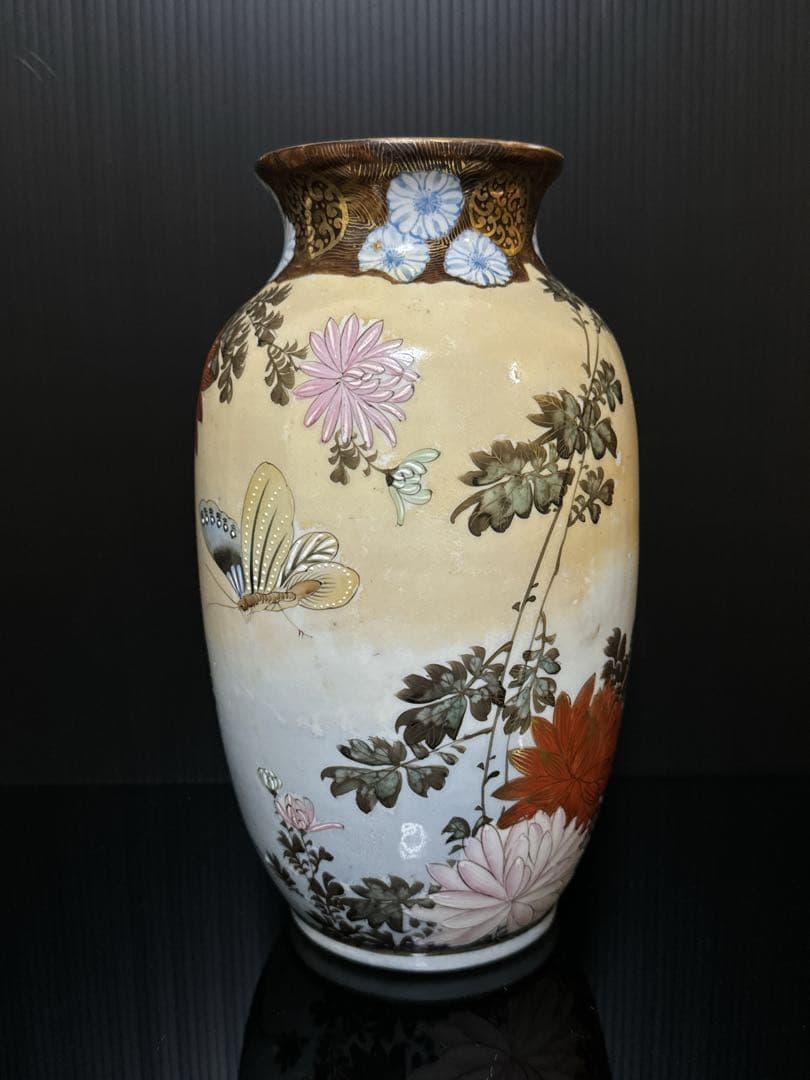 超絶技巧 明治期 極上 金蘭彩色 花蝶図 花瓶 花生 壷