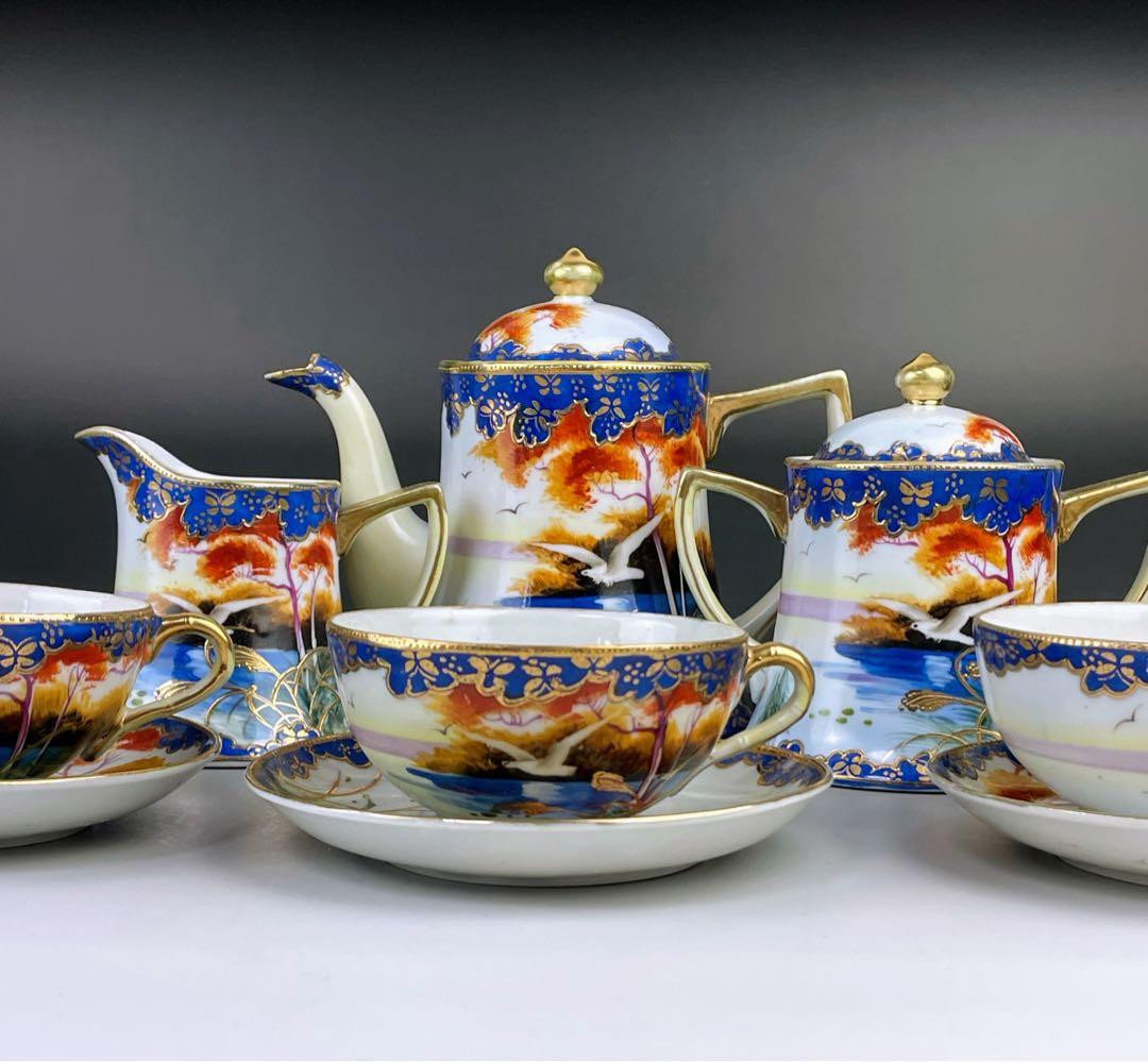 オールドニッポン カモメ 風景図 ティーポット アールヌーボー 金盛り