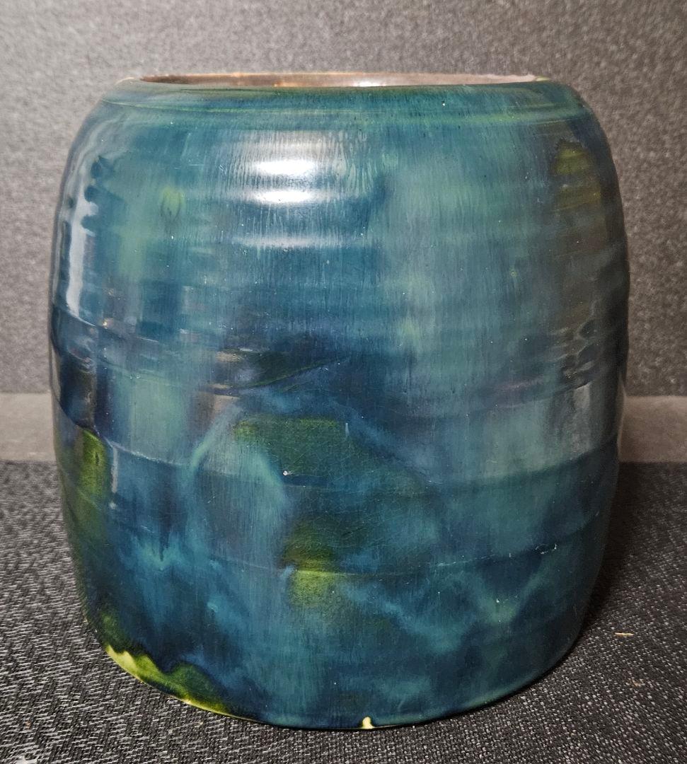 織部焼　瀬戸焼　名工　松原老松作　織部釉　麦藁文様　手焙　火鉢　花入れ　鉢カバー