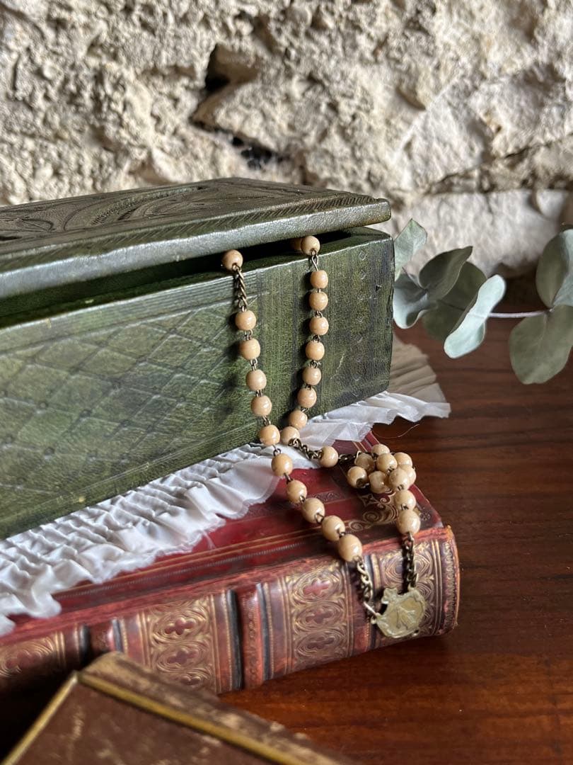 ◆フランスアンティーク｜ハンドメイド型押し革の木箱レザー小箱、緑モスグリーン茶