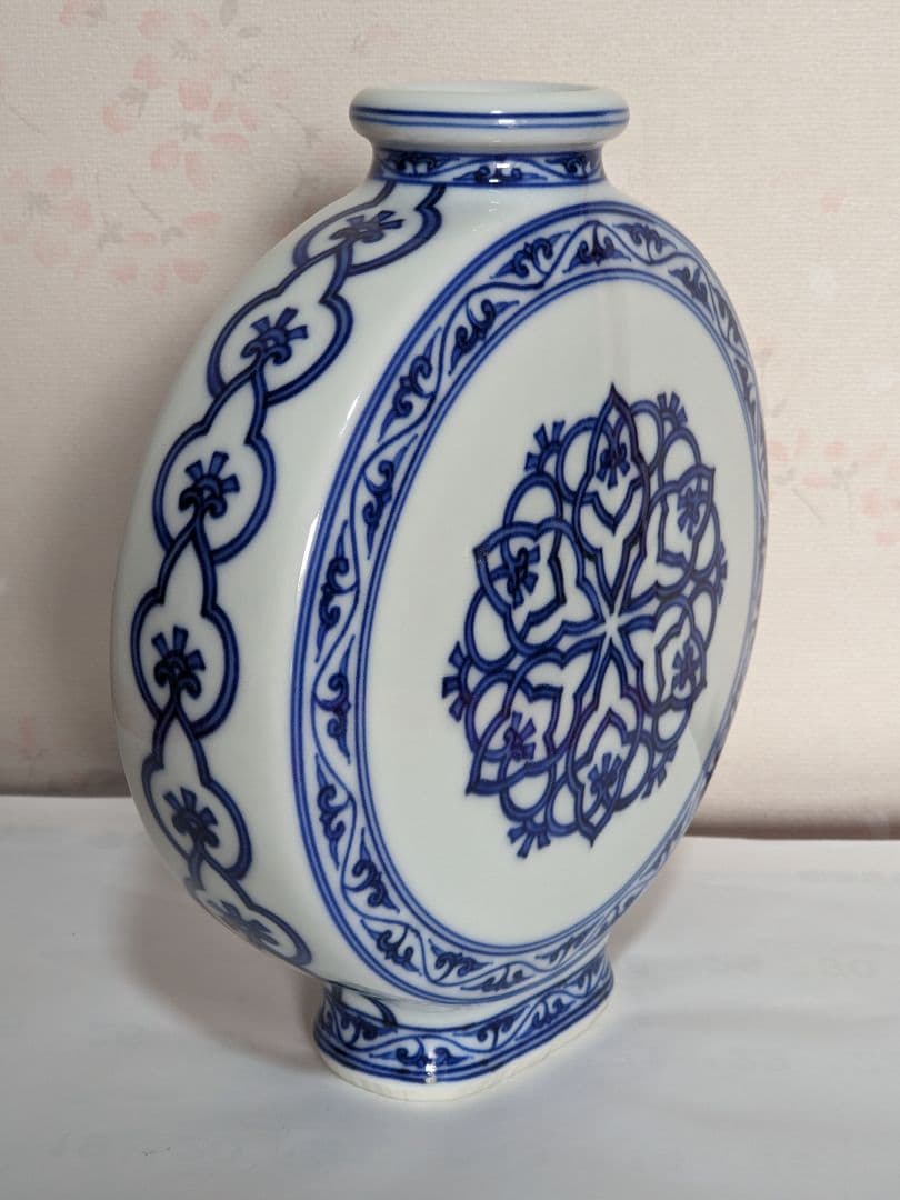 ♦京焼名跡 第四代三浦竹泉造 染付青華文様 扁壺 花器 古美術品 工芸品 骨董品