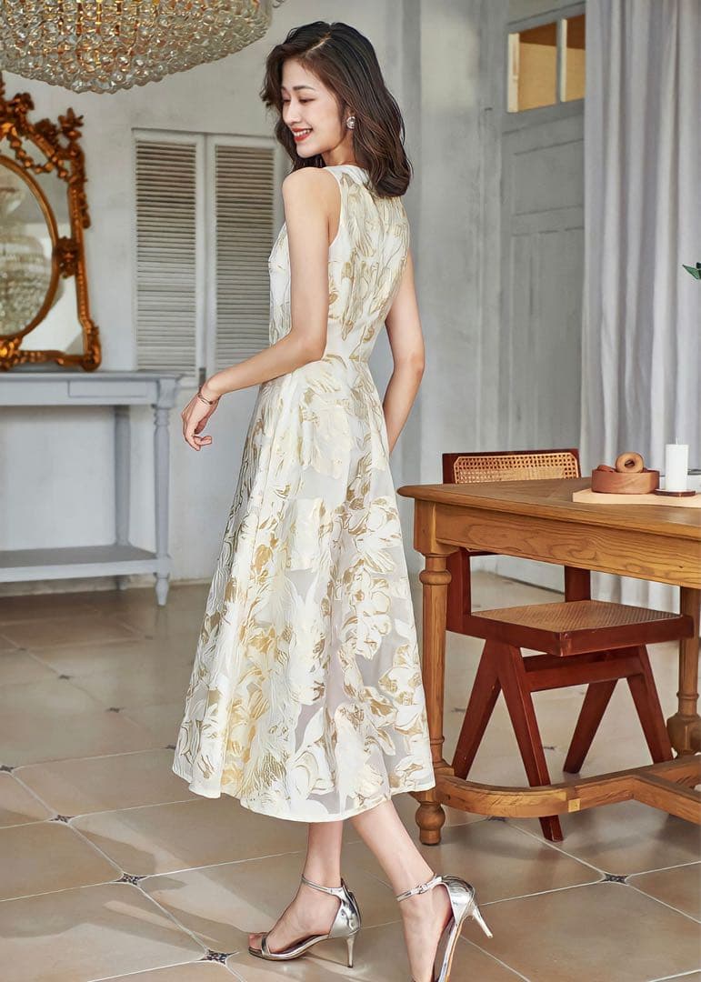 オーガンジーフラワー刺繍ワンピース・M