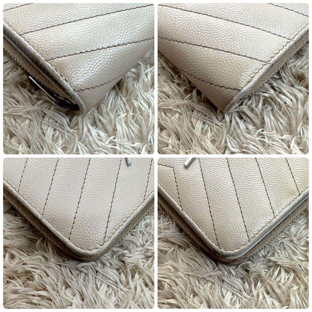 【美品】サンローラン 二つ折り財布 ホワイト Vステッチ キャビアスキン YSL
