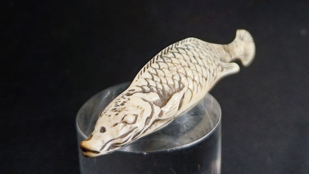 鯨歯彫 型彫 根付「川魚 」江戸時代 珍しい題材