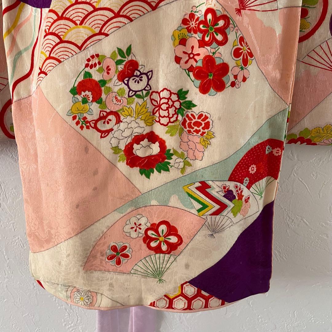 七五三　３歳　女の子　正絹　アンティークお着物　セット　正絹白地の被布コーデ