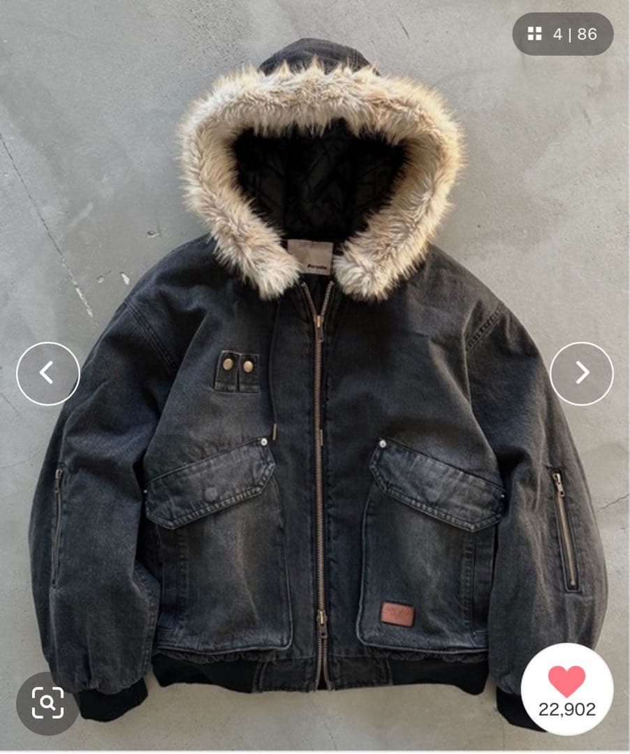 Perushu ヴィンテージライクデニムフードファーブルゾン　ブラック