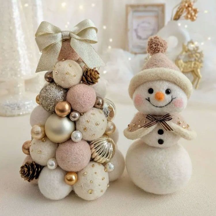【クリスマス飾り】フェルトボールツリー&スノーマンのセットアイテム（ホワイト系）