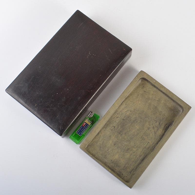 中国　書道具　端渓硯　緑端渓　唐木箱付　C　R7141