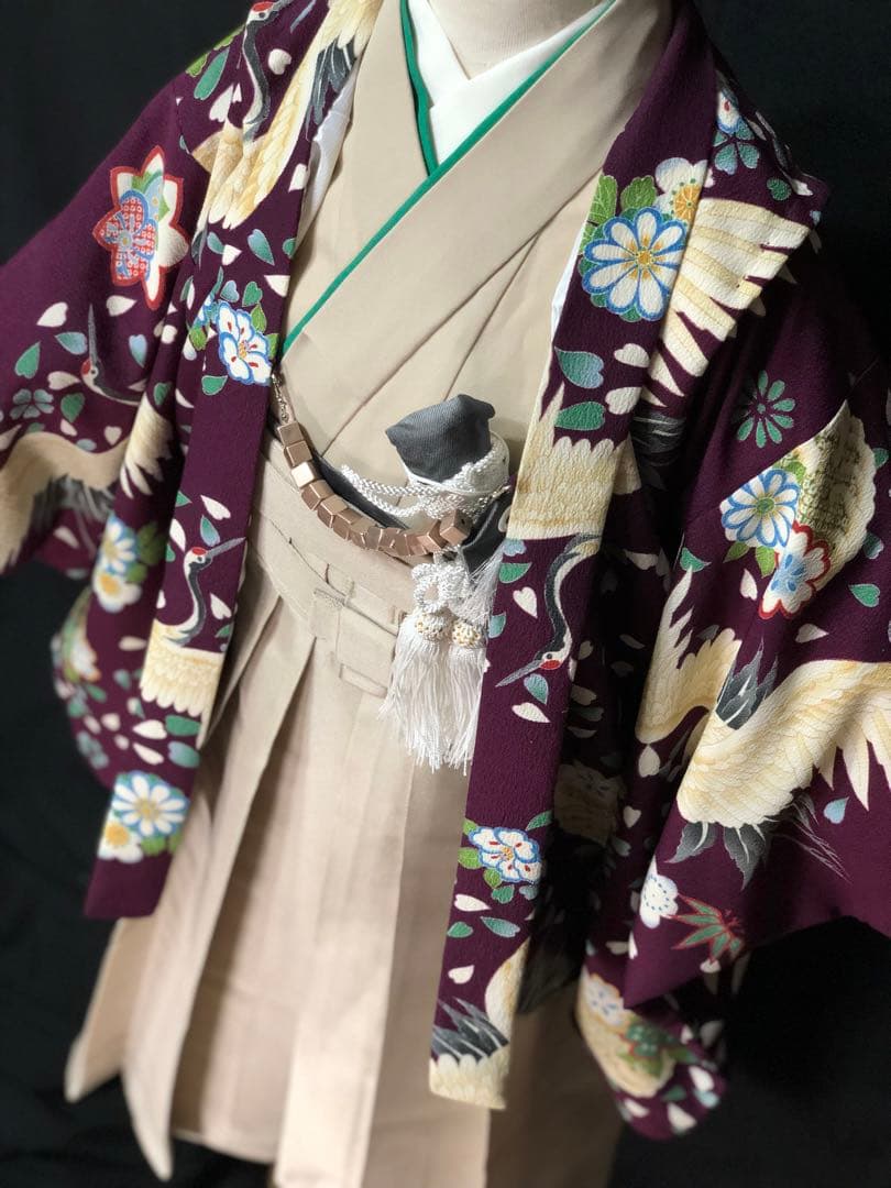 七五三 5歳　男の子　紫　鶴　花　羽織　着物　袴　セット　男児　五歳　５歳