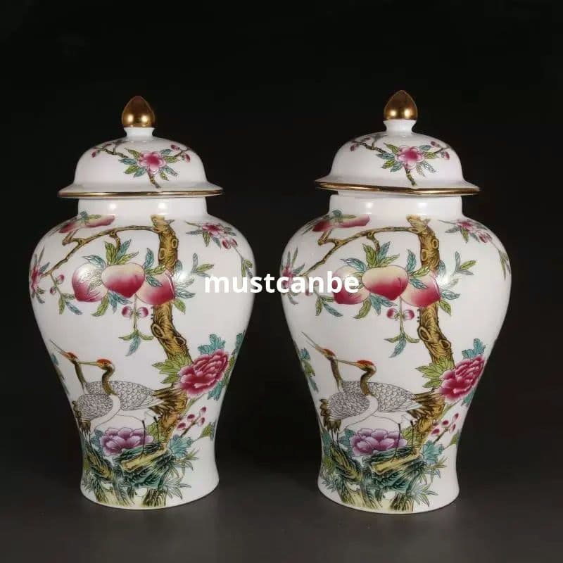 乾隆粉彩蒔金仙鶴寿桃将軍缶 景徳鎮 陶磁器 装飾品 現代工芸品 美術品 置物