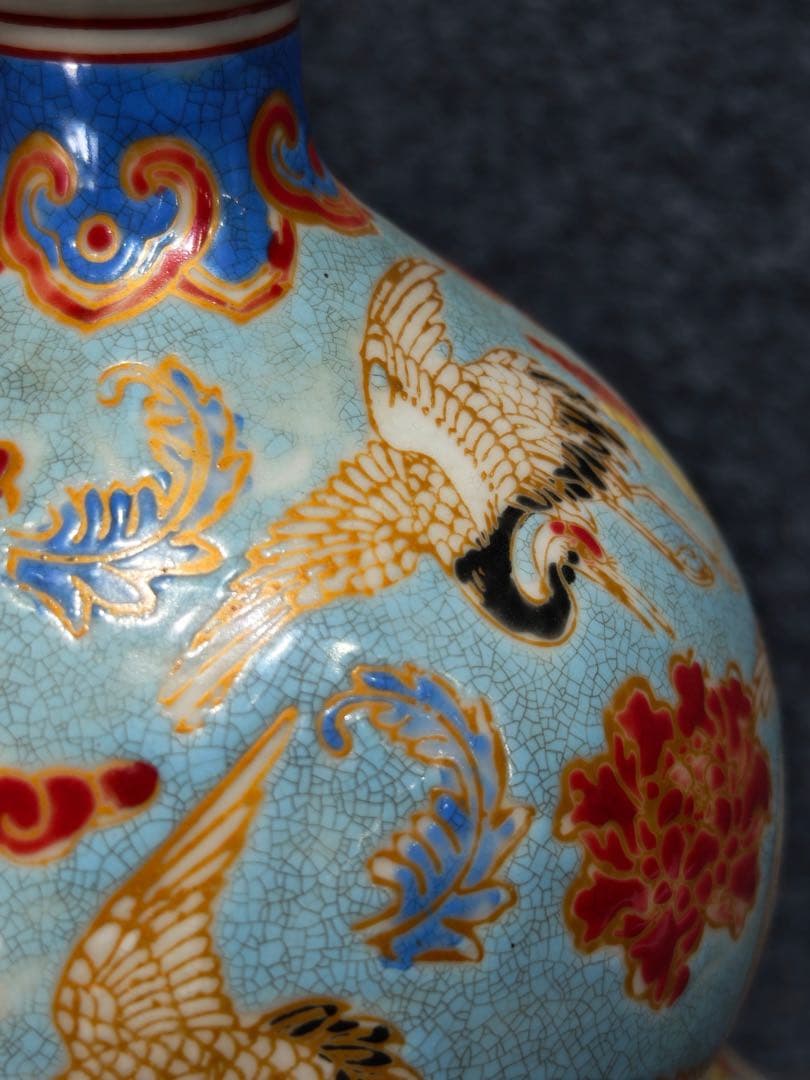 旧蔵　清朝乾隆時代 花瓶御用珐琅彩仙鶴文瓢形瓶【皇清乾隆御用】【乾隆御製】銘有り