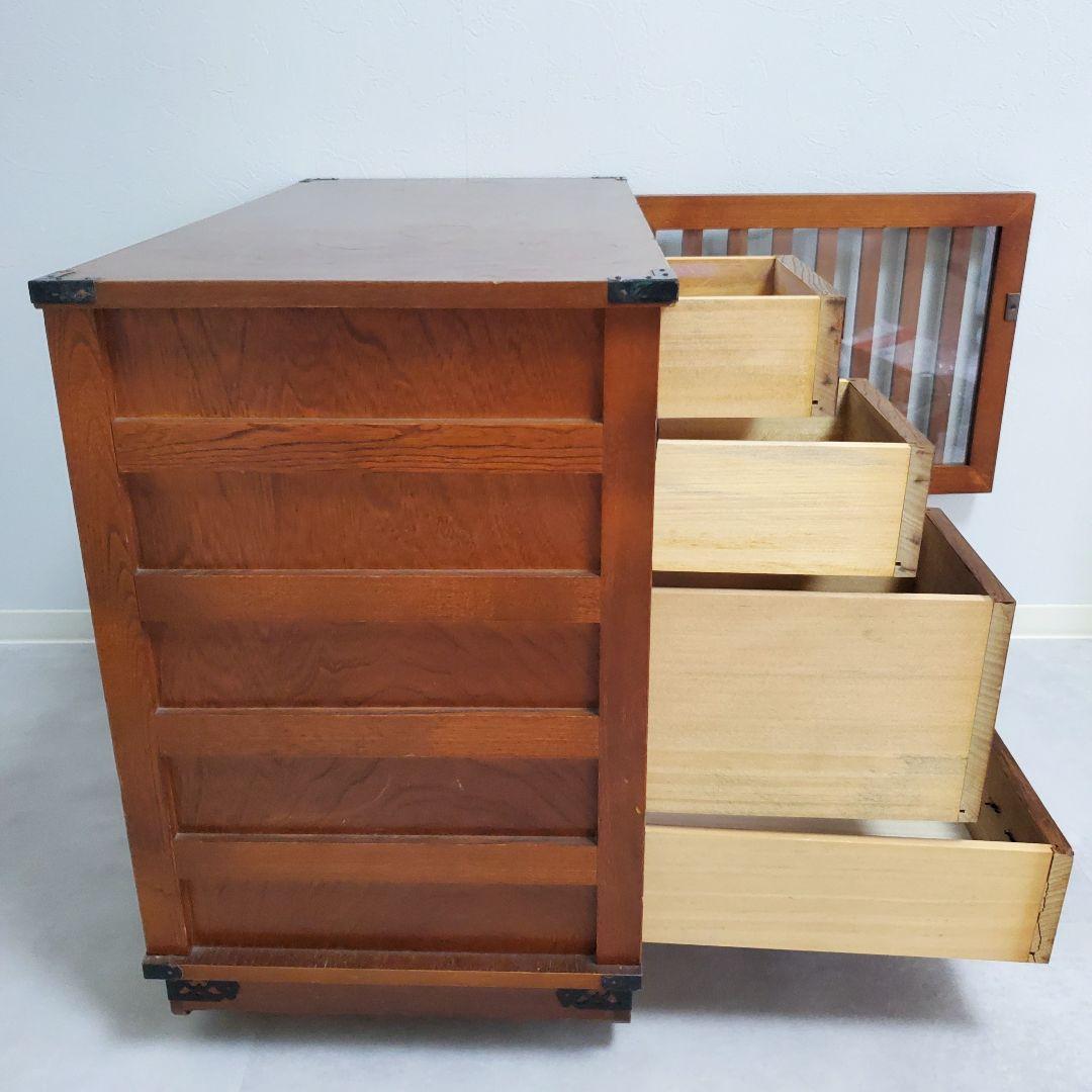 希少★欅 車箪笥 茶棚 茶箪笥 和箪笥 古家具 小引き出し ガラス扉 車輪