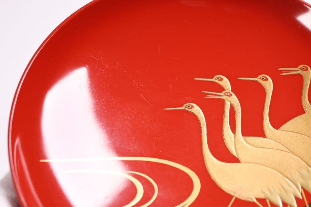 【CM374】時代木製漆器 光琳写 金蒔絵 群鶴図 朱塗 引盃 五客 小皿 杯