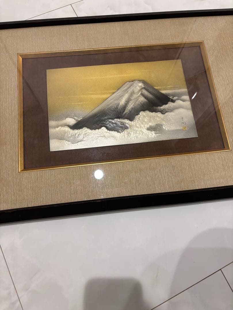 希少　田中光湖 作　金工　打出「富士山図」雲山図　彫金額