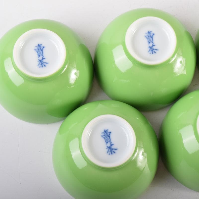 煎茶道具　賣茶流　黄緑釉　祝壽茶碗　五客　共布共箱　V　7978