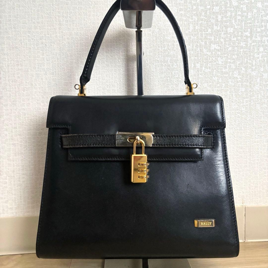 【本物】BALLY トップハンドルバッグ 本革レザー 黒 ターンロック y2k
