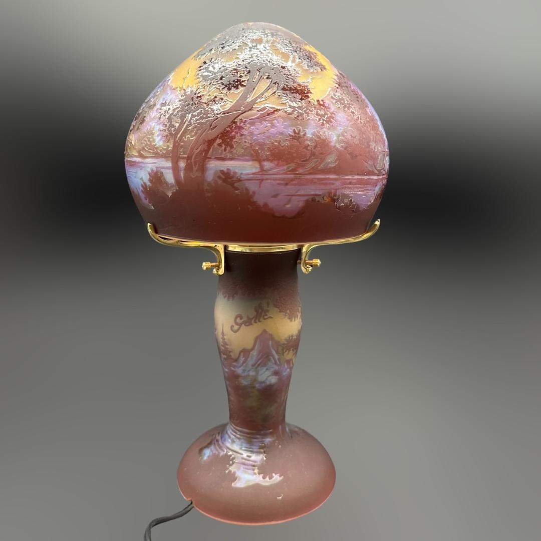 エミールガレ 2灯　山景文　台座真鍮　カメオ彫り　被せガラス　高さ32cm