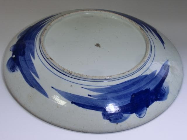 大皿■ベロ藍(江戸後期~明治期)古い染付 鶴 花蝶紋 花唐草 直し有り 時代物