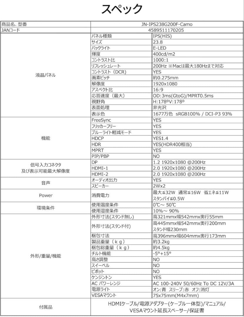 JAPANNEXT 23.8インチ 200Hz JN-IPS238G200F-C