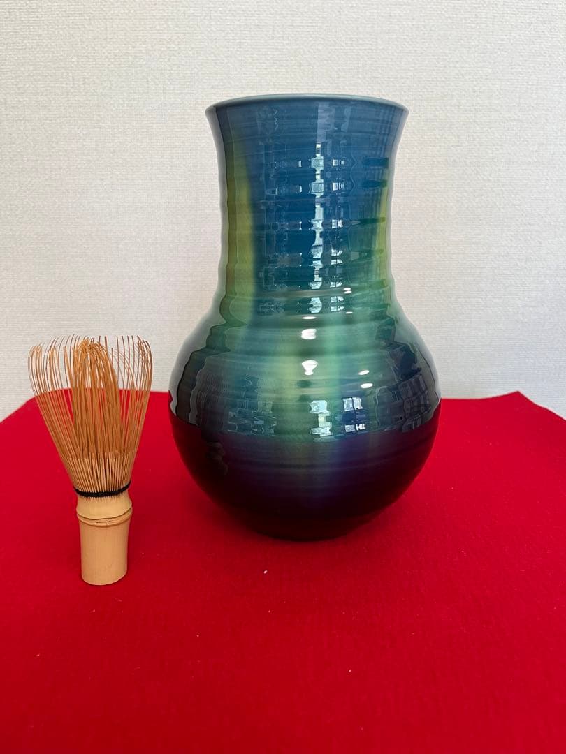 柳雨軒三代 人間国宝 徳田八十吉（正彦銘）碧明釉 花入 高さ約22cm T210