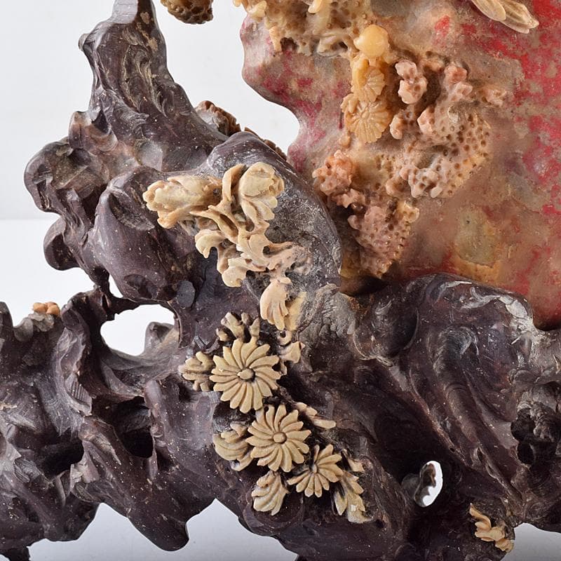 中国　玉石昌化鶏血石　魚蟹海老花刻　置物　床飾　約6㎏　F　R7946B