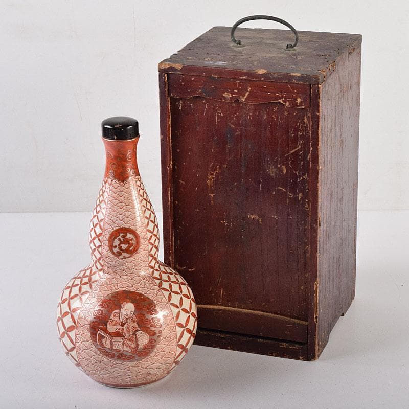 九谷焼　赤絵　人物文　葫蘆瓶　徳利　時代箱付　M　R8640