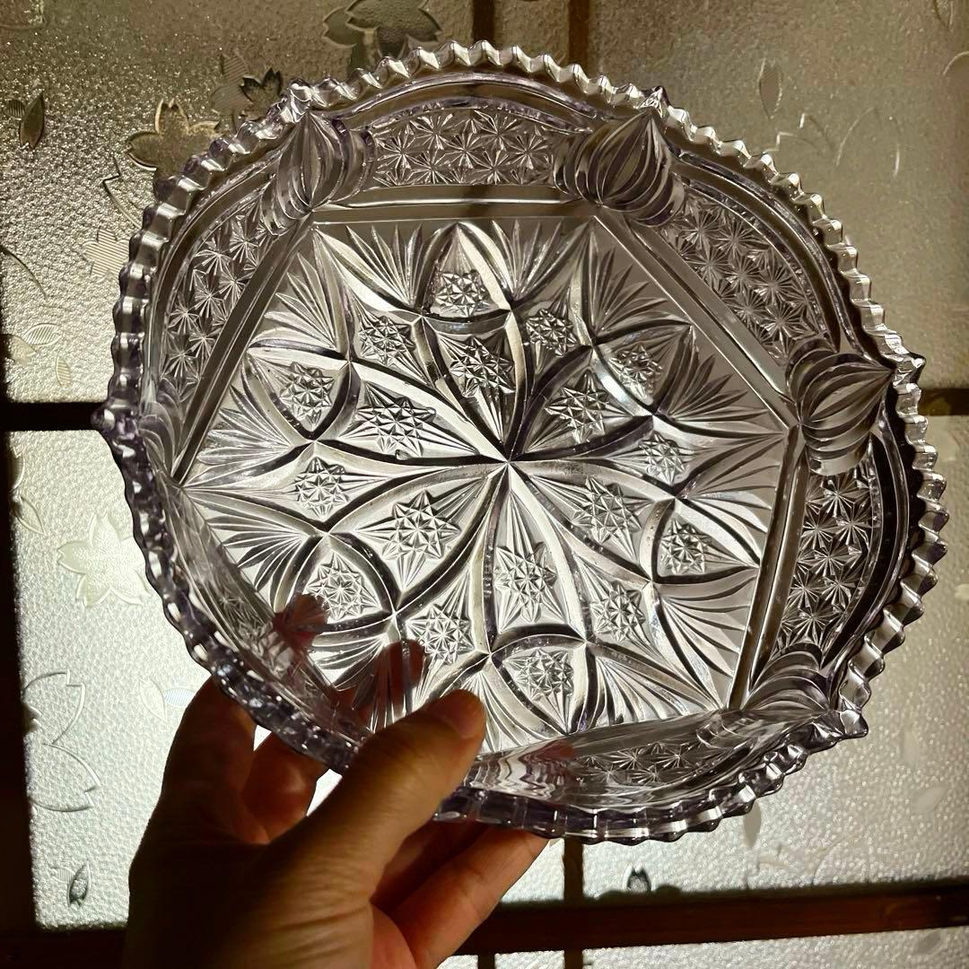 骨董　時代ガラス　プレスガラス　希少　淡紫色　クリスタルカット　菓子鉢　大鉢