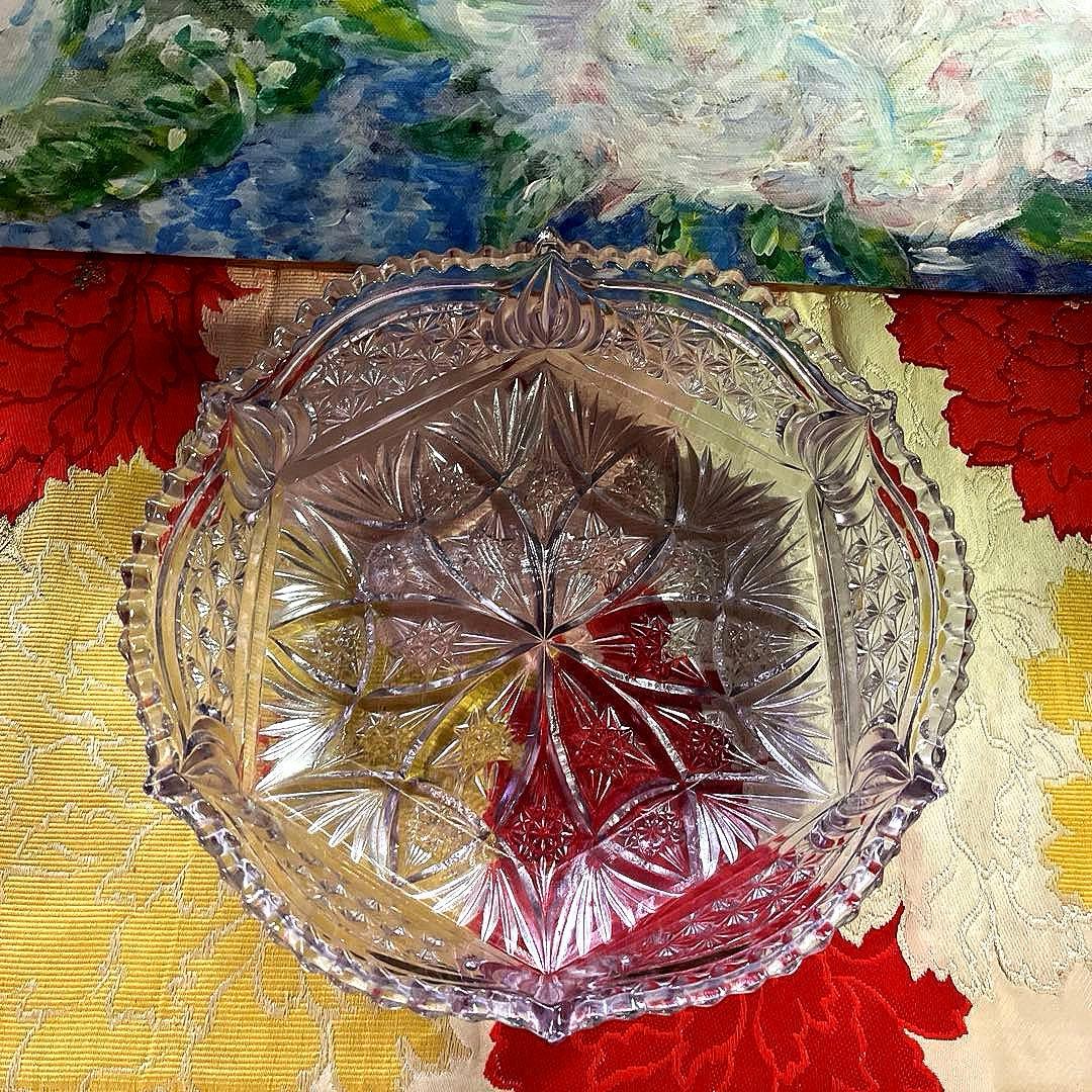 骨董　時代ガラス　プレスガラス　希少　淡紫色　クリスタルカット　菓子鉢　大鉢